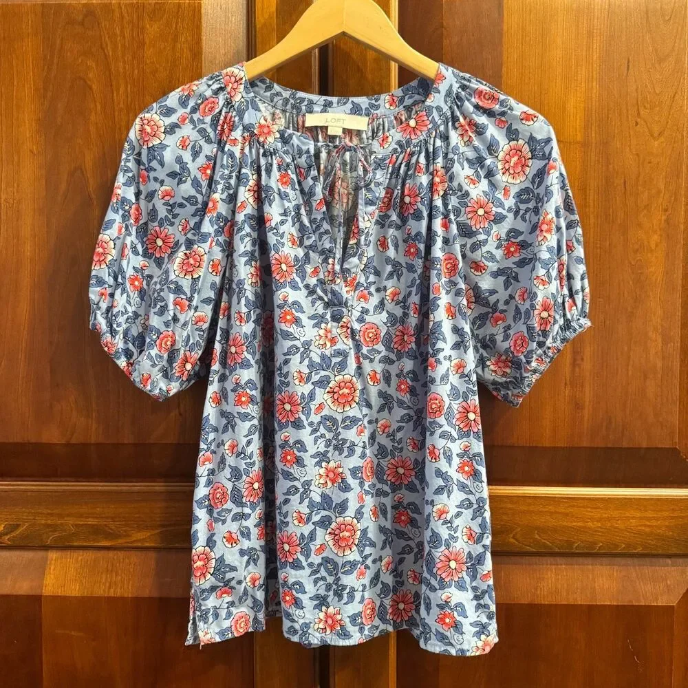 LOFT  Women's Floral Peasant Blouse Blue Pink Puff Sleeve Tie Neck Boho Top S